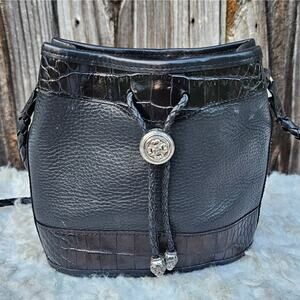 Black Leather Bucket Bag VTG Brighton Purse Braided Strap Cinch Vintage Western
